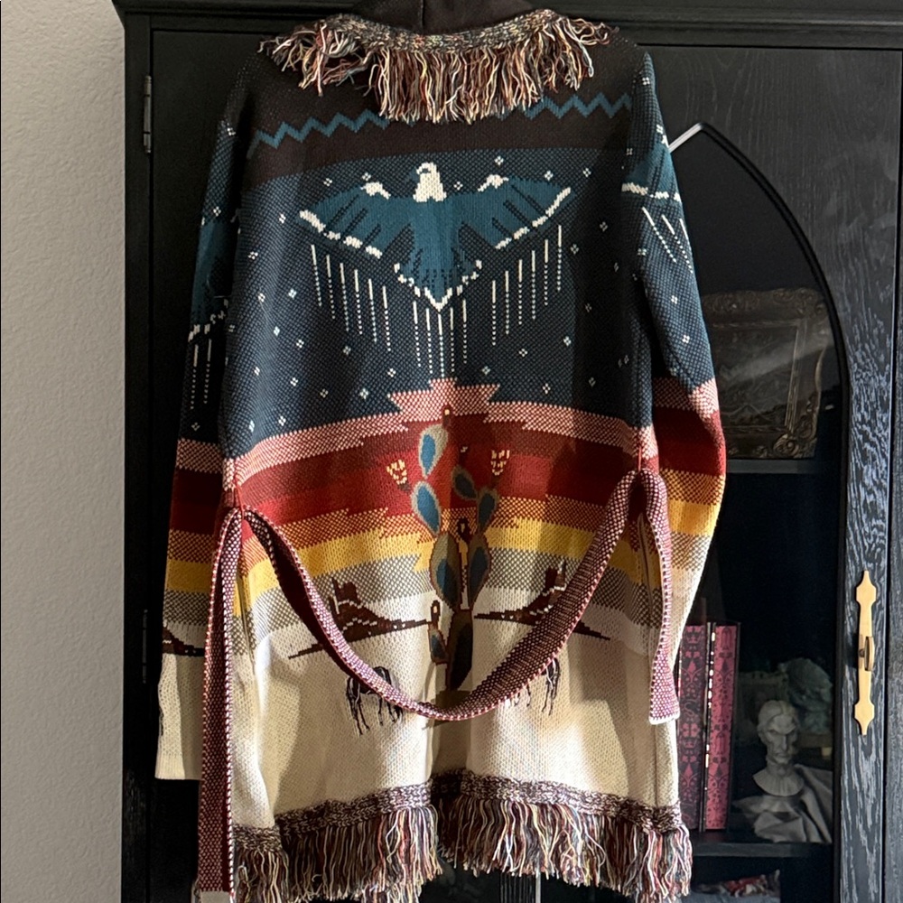 Idyllwind Multicolor Native-Pattern Fringed Cardigan in Navy, Red, Cream, Yellow